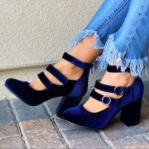 Marine Blue Crush Velvet Mary Jane Block Heel Pump